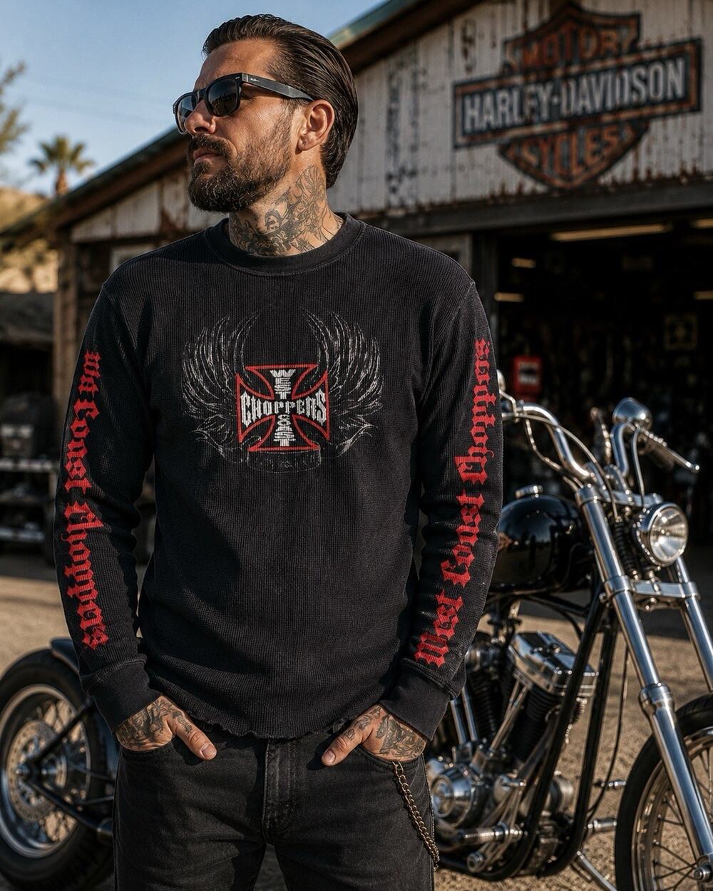 Vintage West Coast Choppers Thermal Shirt XXL Jesse James Biker Y2K Black
